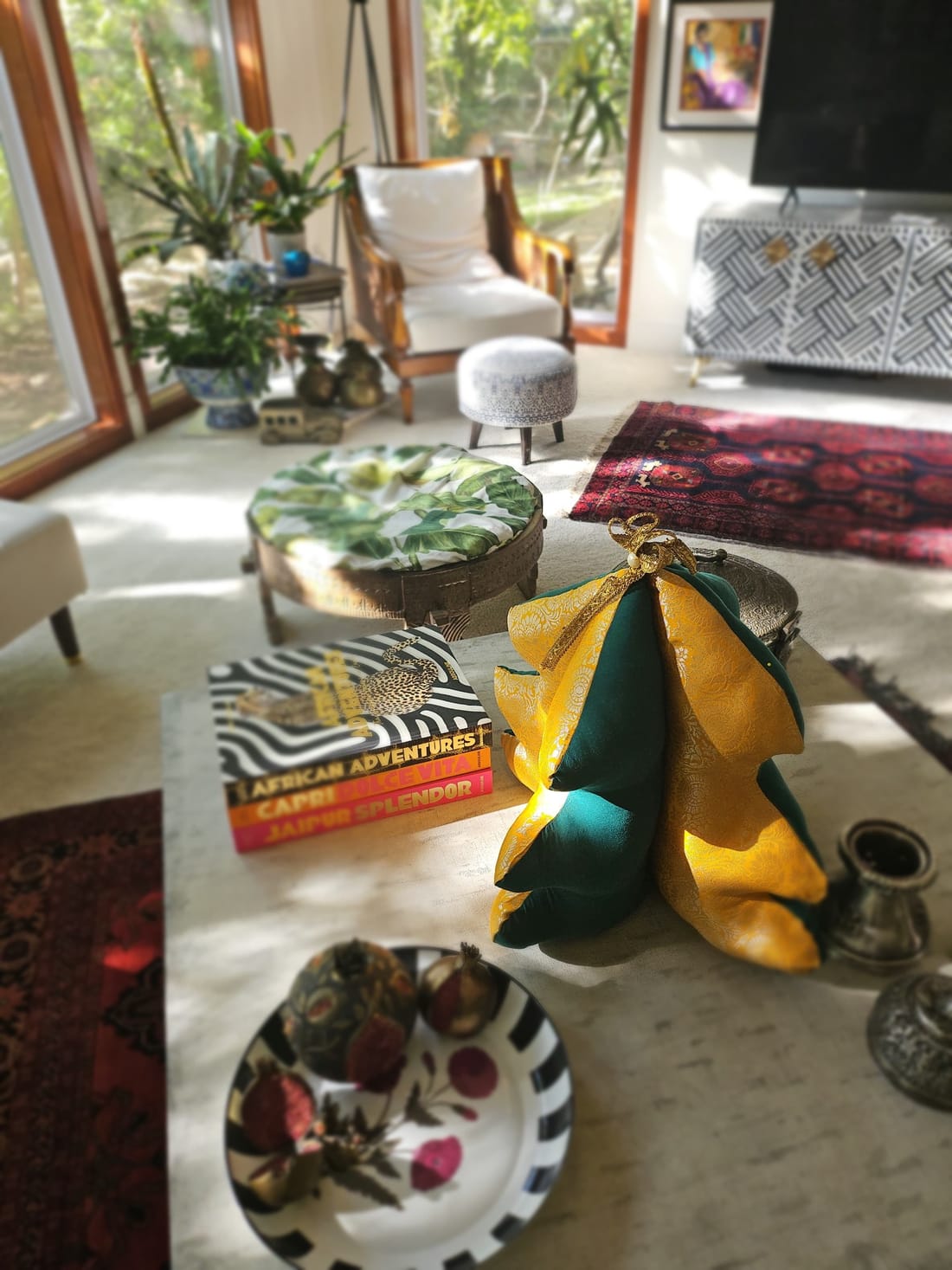 Stuffed fabric tree in green and gold brocade